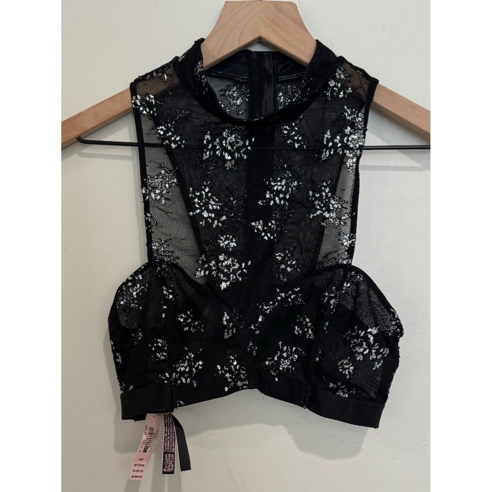 NWT Victoria's Secret Very Sexy Black Silver Sparkle Mesh High Neck Bralette M‎